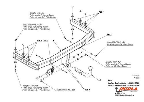 Фаркоп IMIOLA A.011 Audi A4 седан/универсал, в т.ч. Quattro 2000-2007(паспорт и сертификат в комплекте)(без электрики)