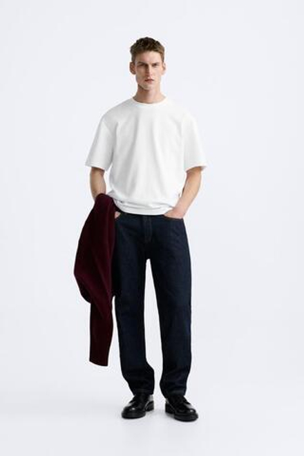 ZARA ФУТБОЛКА REGULAR FIT INTERLOCK, БЕЛЫЙ