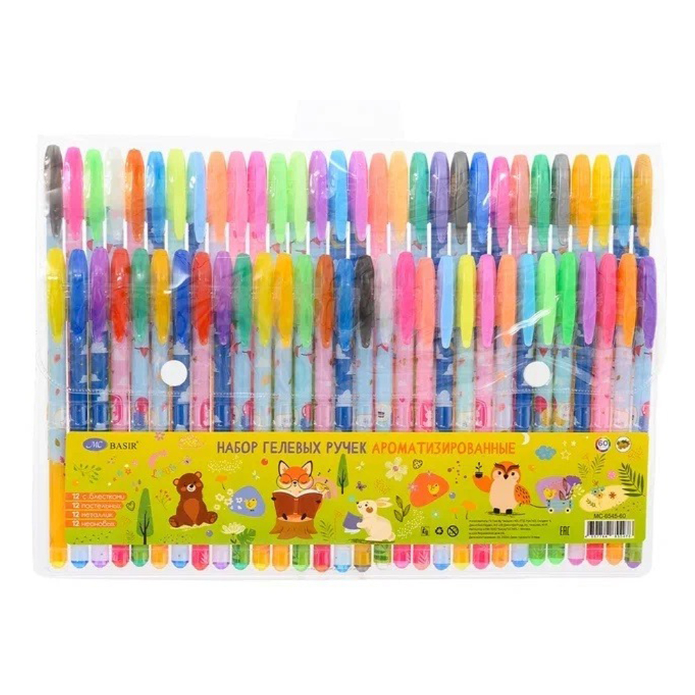 Ручка гелевая, Basir, цветные чернила, серия "Лисята", ароматизированная с блёстками, 60 шт
