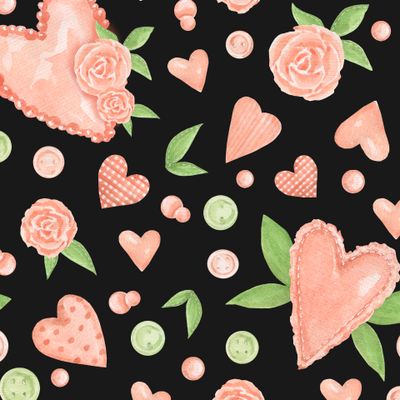 Розочки, сердца и пуговки на черном фоне