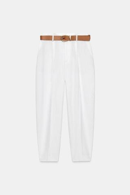 ZARA ЛЬНЯНЫЕ БРЮКИ С РЕМНЕМ, БЕЛЫЙ