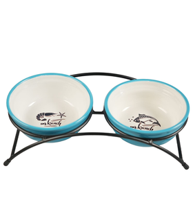 Mr.Kranch Миска на подставке для собак и кошек двойные 2x290мл. fish&chips Голубые