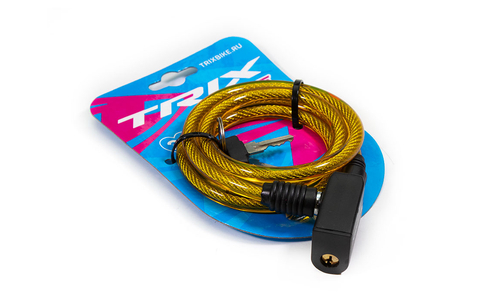 Замок велосипедный TRIX трос стальной, с ключами, 8×1000мм, в пластиковой оболочке, желтый