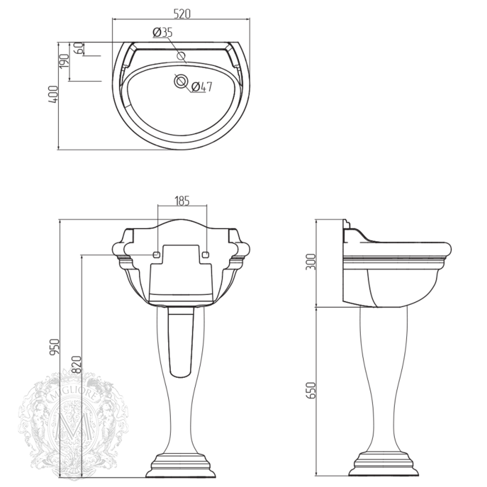 Раковина Migliore Milady 52x40 ML.MLD-25.752.D3.BR, декор бронза схема