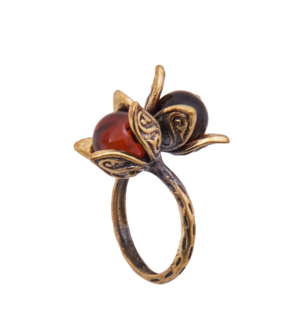 AM-3861 Кольцо «Физалис» (латунь, янтарь)