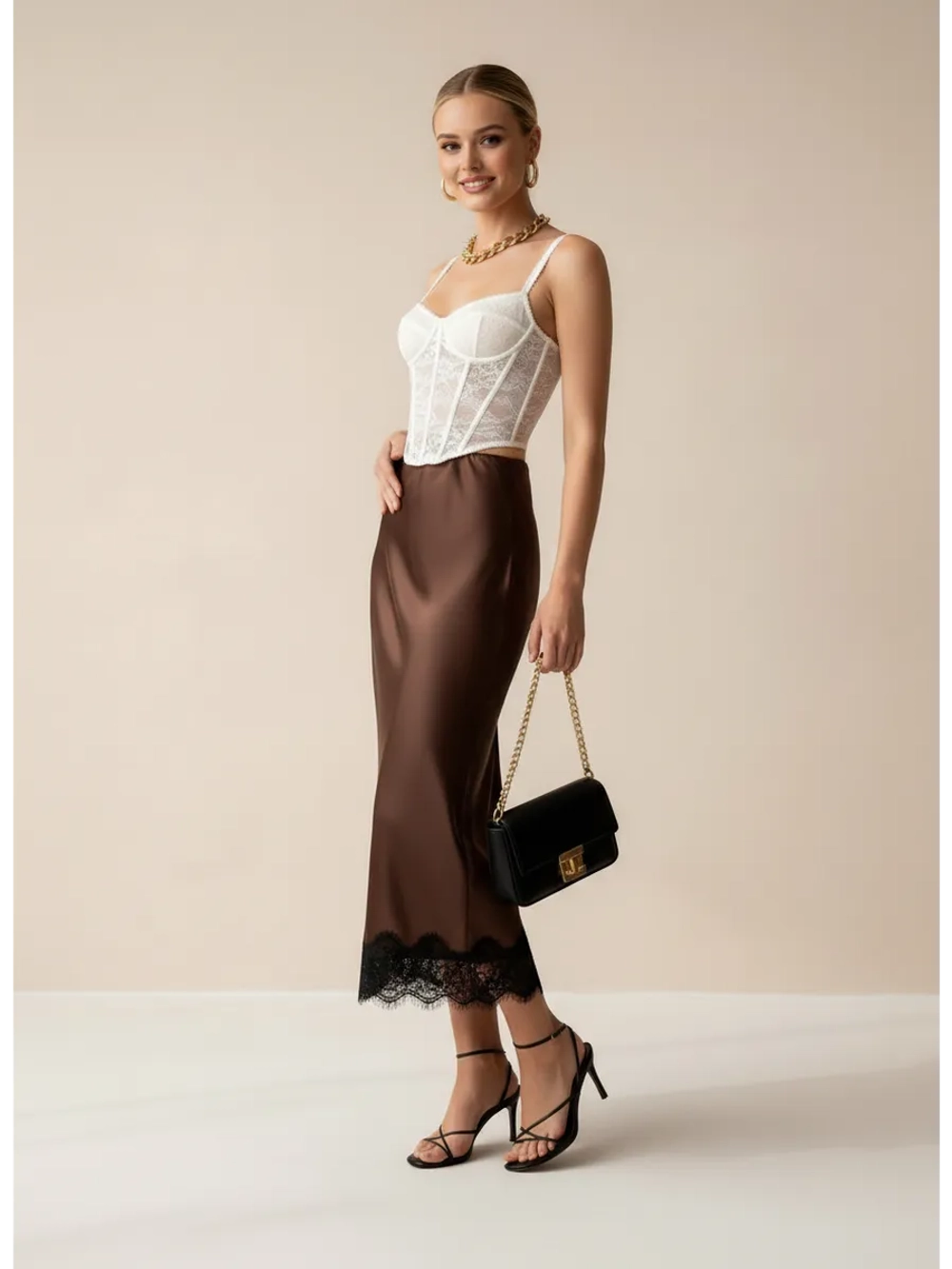 Юбка атласная с кружевом