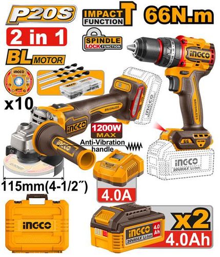 Набор 20В, BL шуруповерт 66Нм и УШМ 115 мм INGCO CKLI20256 INDUSTRIAL