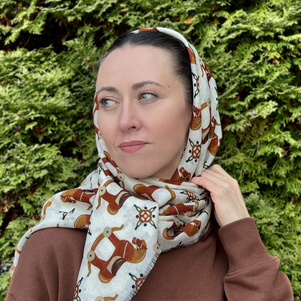 Шаль 120*120см, ЛОШАДКИ на белом