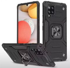 Противоударный чехол для Samsung Galaxy A12 A125 / M12 черный с пластиной для магнитного автодержателя и кольцом подставкой