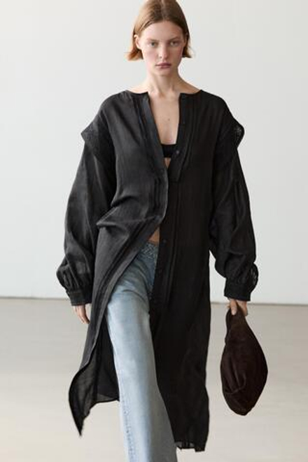 Massimo Dutti Платье миди с кружевными рукавами, черный