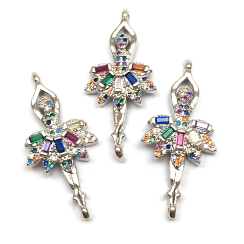 Коннектор с цветными фианитами "Балерина" 34х16 мм, родий