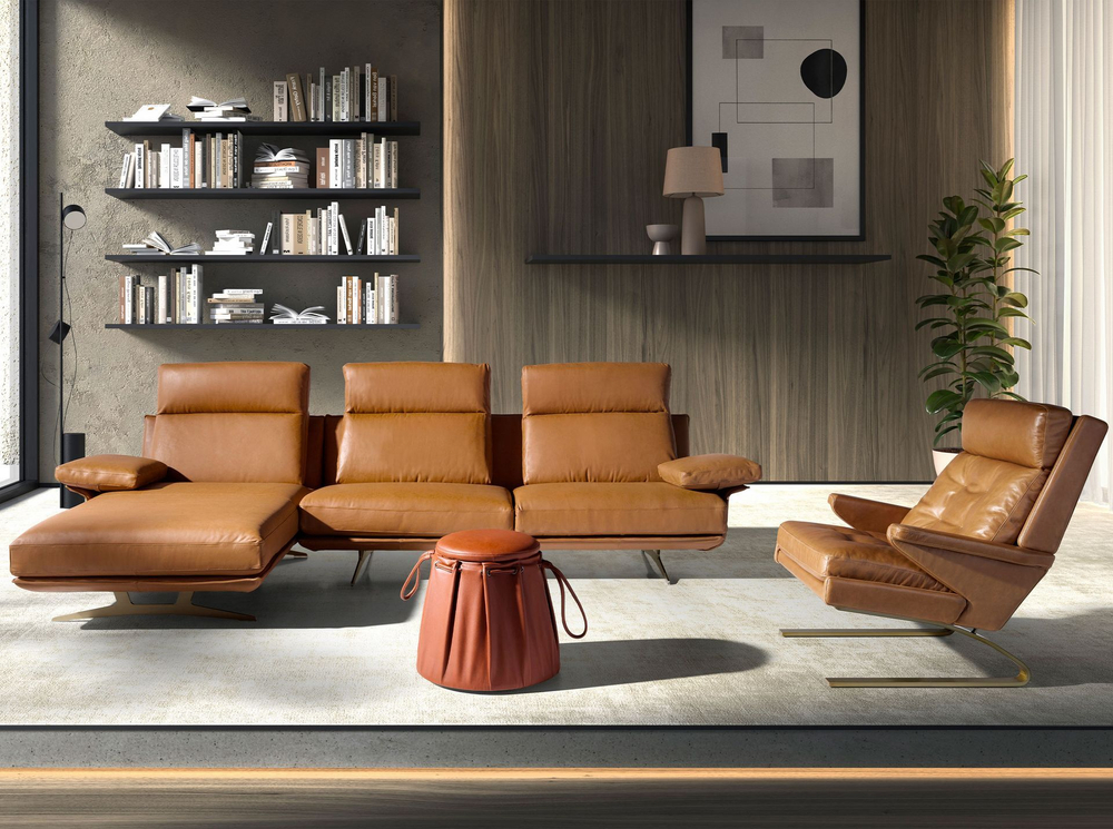 5-местный диван с левым шезлонгом 6226 из терракотово-коричневой кожи