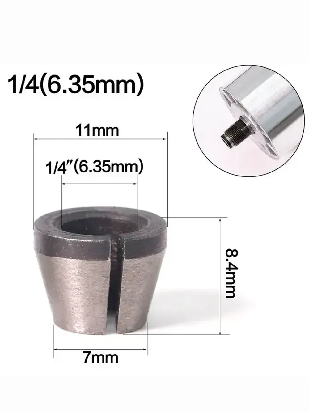 Цанга для фрезера 6 мм; 6,35 мм; 8 мм. Набор 6 цанг, 2 гайки.