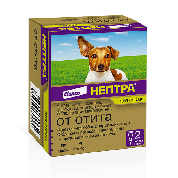 Нептра, раствор для лечения наружного отита у собак, 2 пипетки по 1 мл.