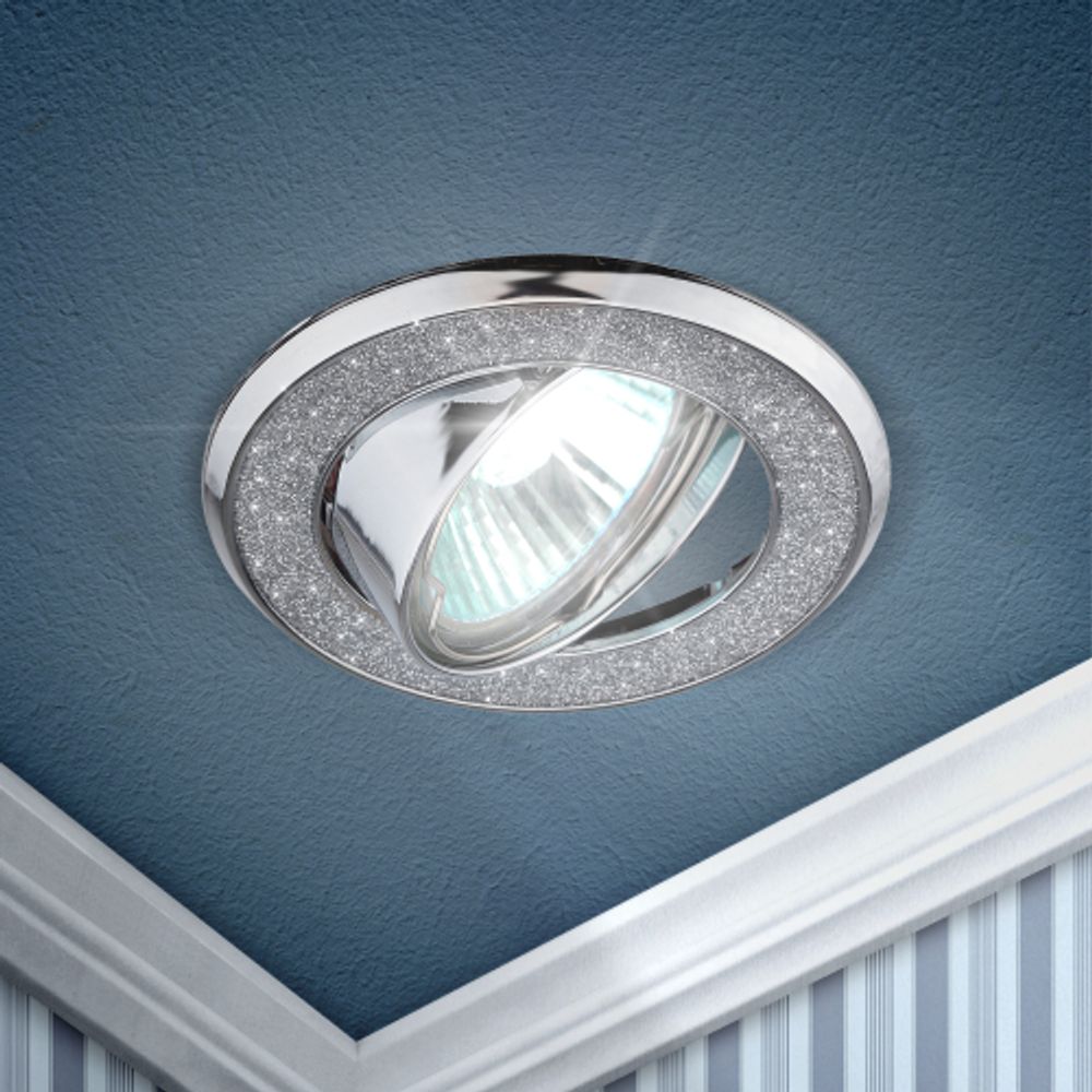 DK18 CH/SH SL Светильник ЭРА декор круглый со стеклянной крошкой MR16,12V/220V, 50W, хром/серебря | Декоративные встраиваемые светильники