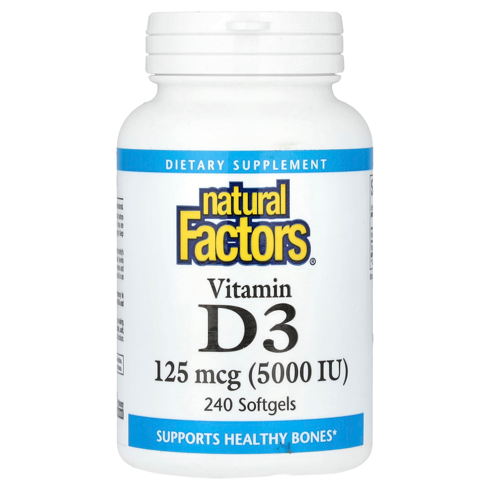 Natural Factors, Витамин D3, 125 мкг (5000 МЕ), 240 мягких таблеток