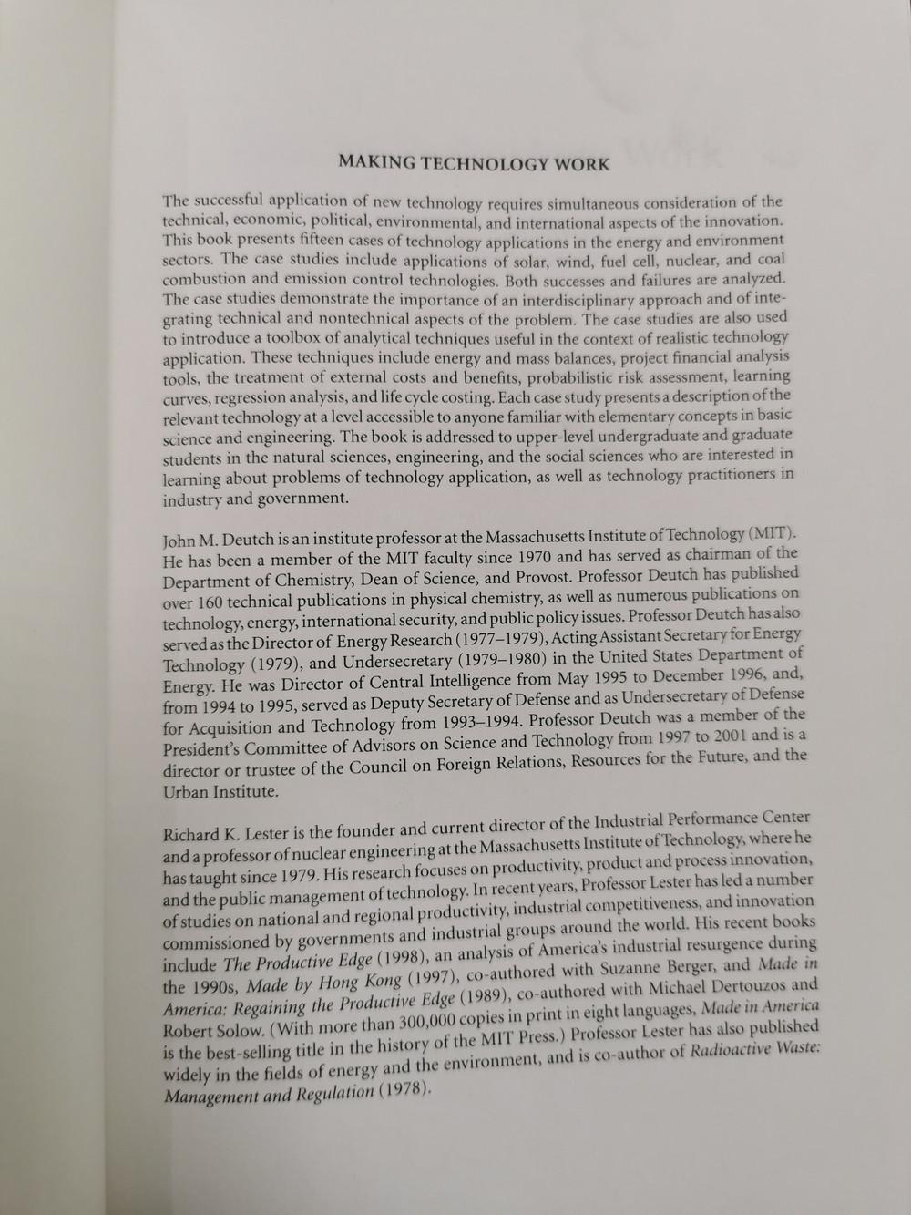 Making Technology Work: Applications in Energy and the Environment