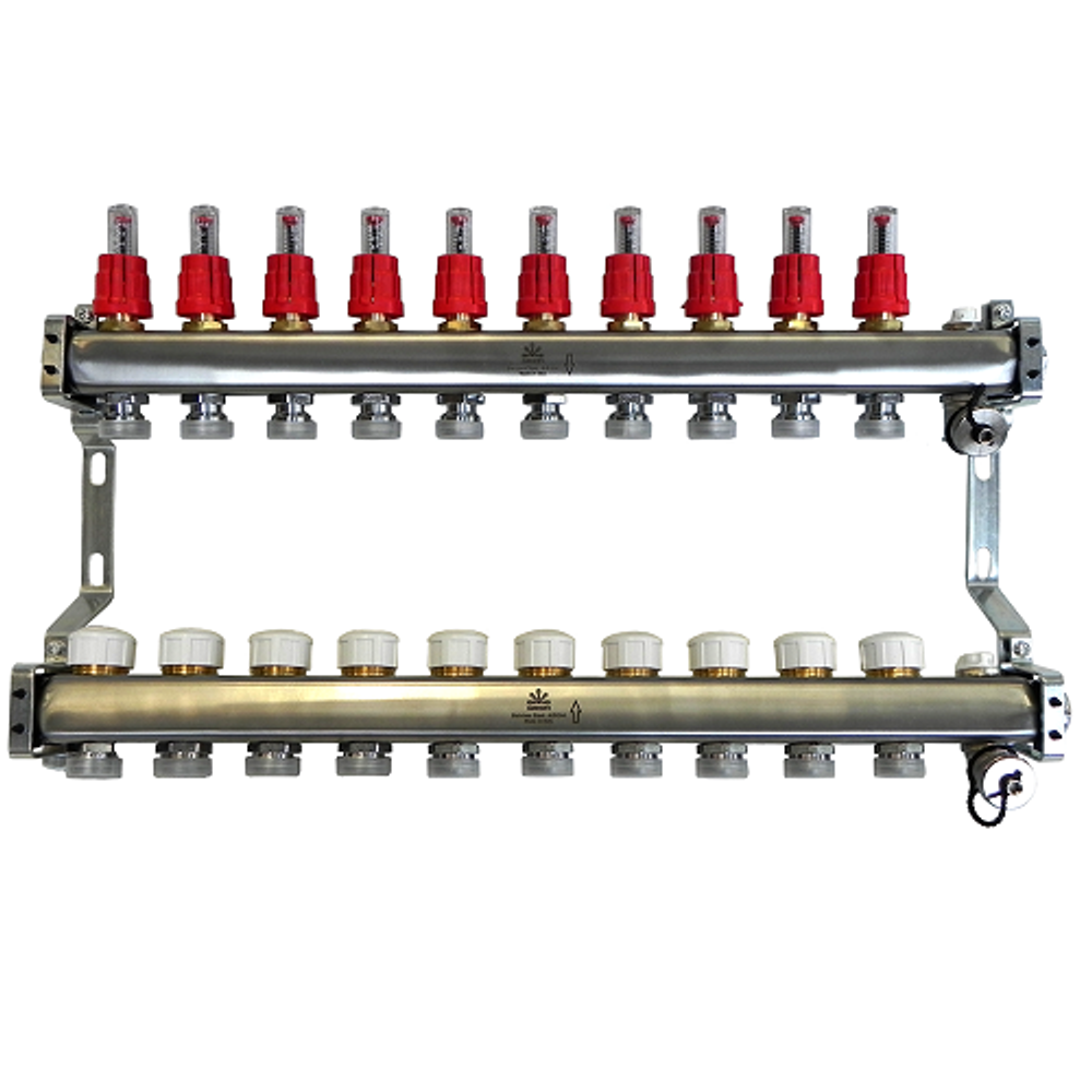 Коллекторный блок для тепл.пола 1&quot;x3/4&quot;EU отв.-10, в комплекте: расходомеры, термостат. клапаны, сливн. краны, ручн.возд., кронштейны, заглушки