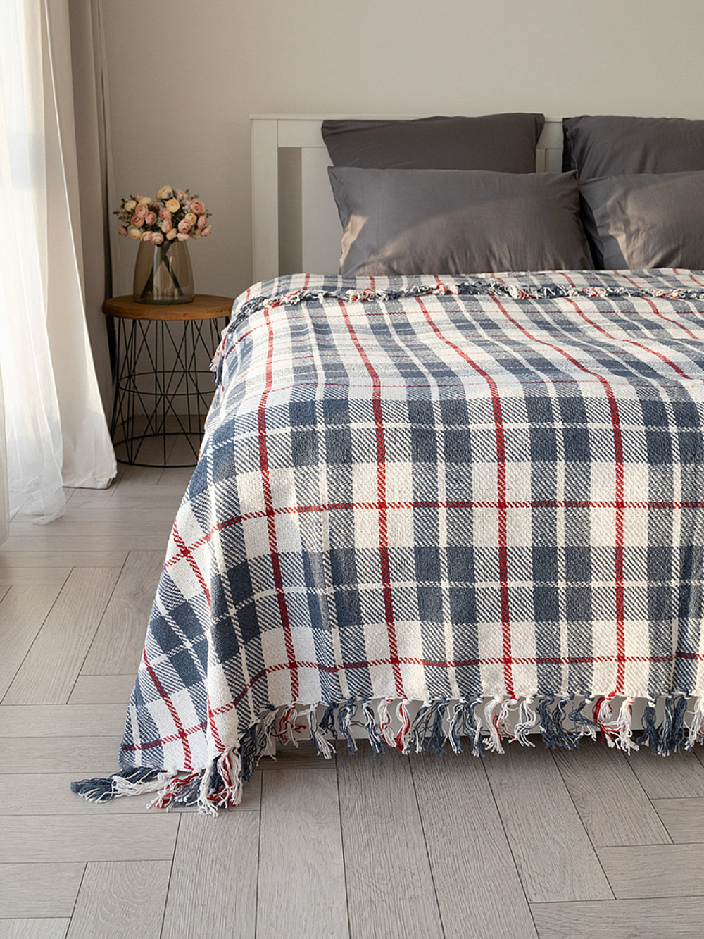 Покрывало DeNASTIA клетка 150x200 хб100% синий/белый Индия