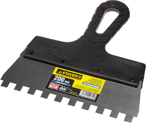 Шпатель STAYER ″PROFESSIONAL″ нержавеющий зубчатый с пластмассовой ручкой, 200мм, зуб 10х10мм