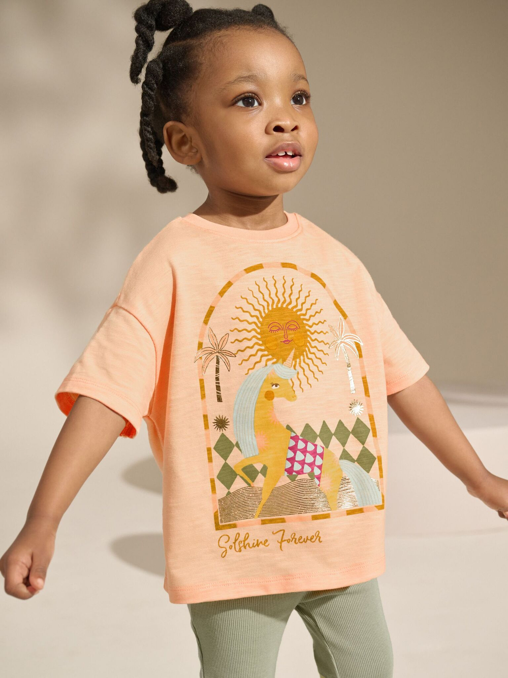 Футболка и легинсы-клеш в комплекте для девочки Next AD5-471, Светло-оранжевый, Хаки