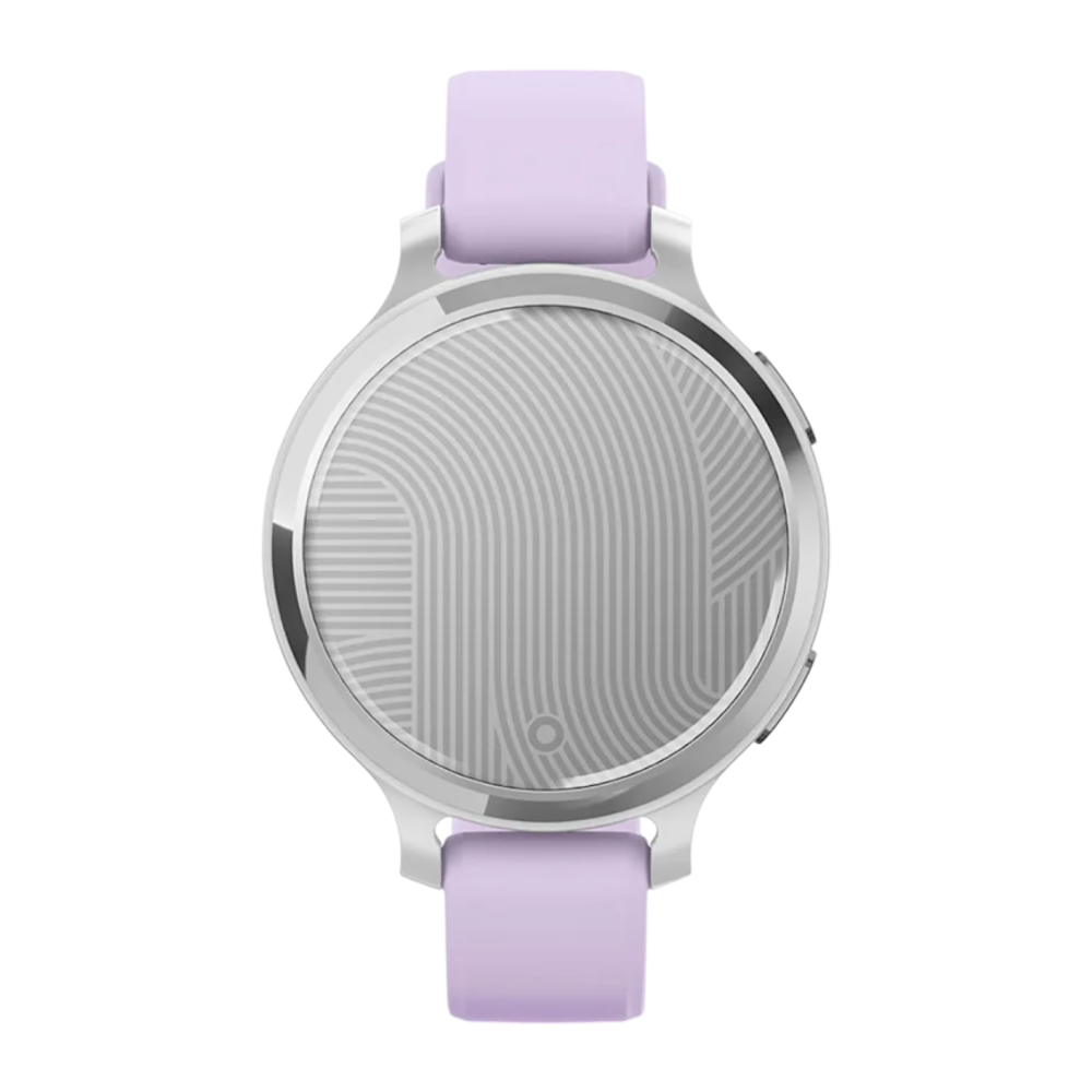 Спортивные часы Garmin Lily 2 Active, силиконовый ремешок цвета «фиолетовый жасмин» Серебристый безель из алюминия, стекло Gorilla Glass. Ремешок с классической застёжкой — на запястье обхватом 110–175 мм