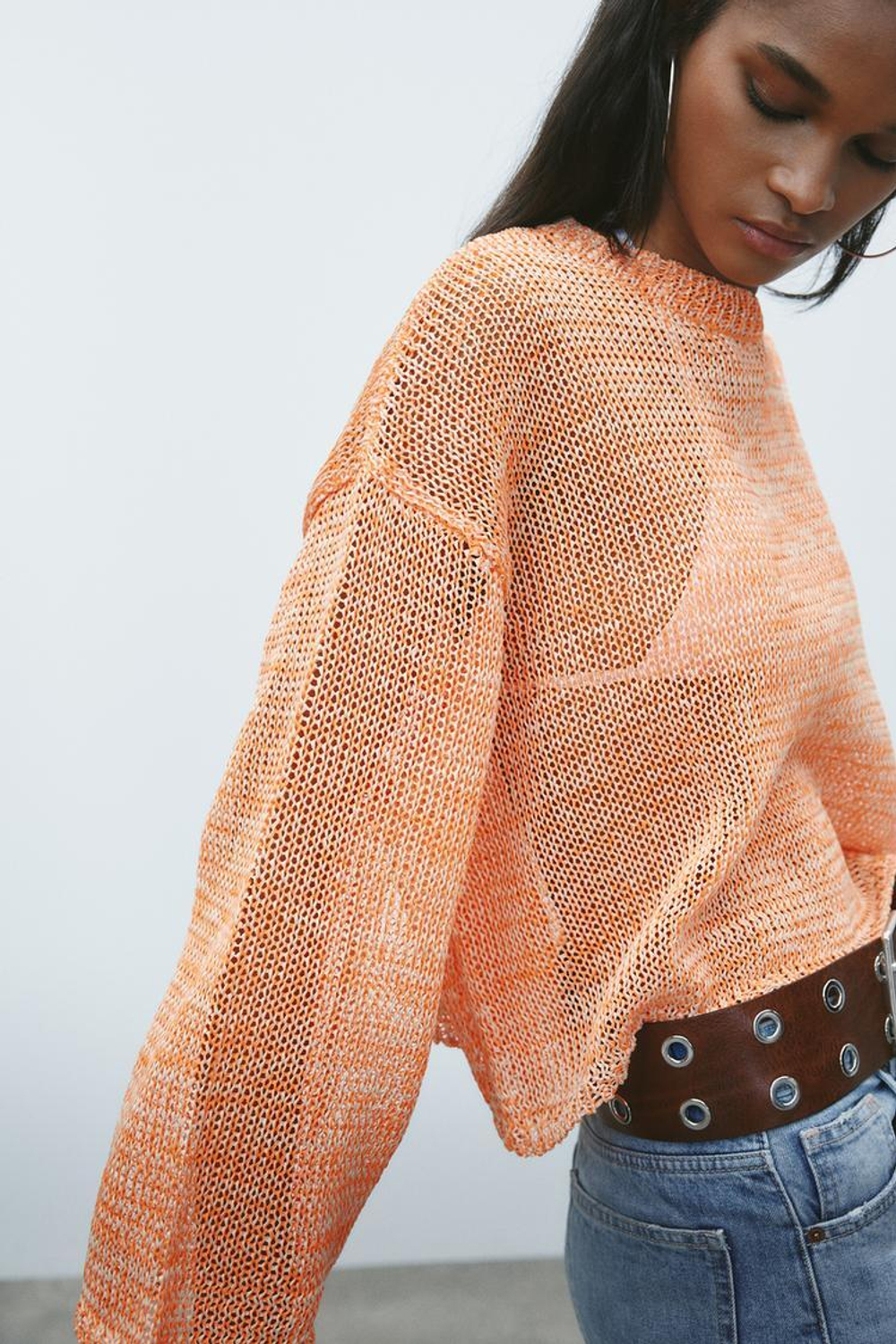 ZARA СВИТЕР ИЗ АЖУРНОГО ТРИКОТАЖА, ОРАНЖЕВЫЙ