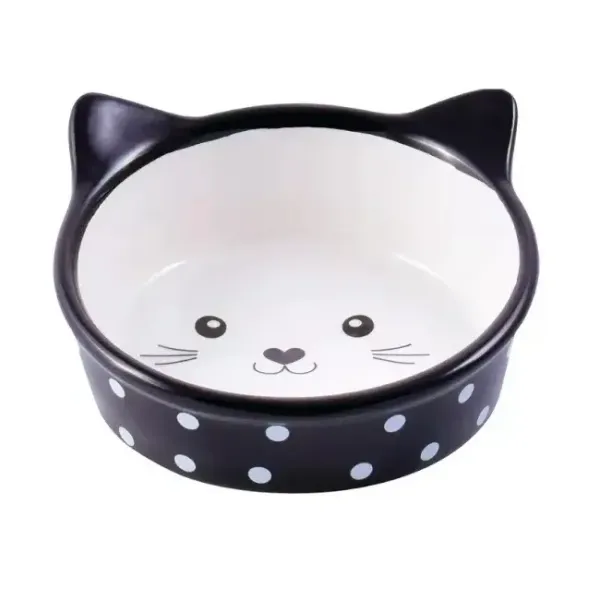 Миска керамическая КерамикАрт для кошек, 250мл Мордочка кошки черная в горошек