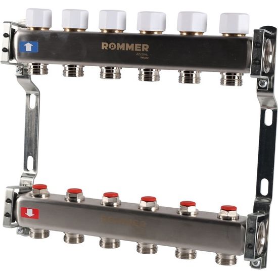 Коллектор Rommer 1"x3/4" на 6 контуров с запорными клапанами (нерж. сталь) RMS-3200-000006