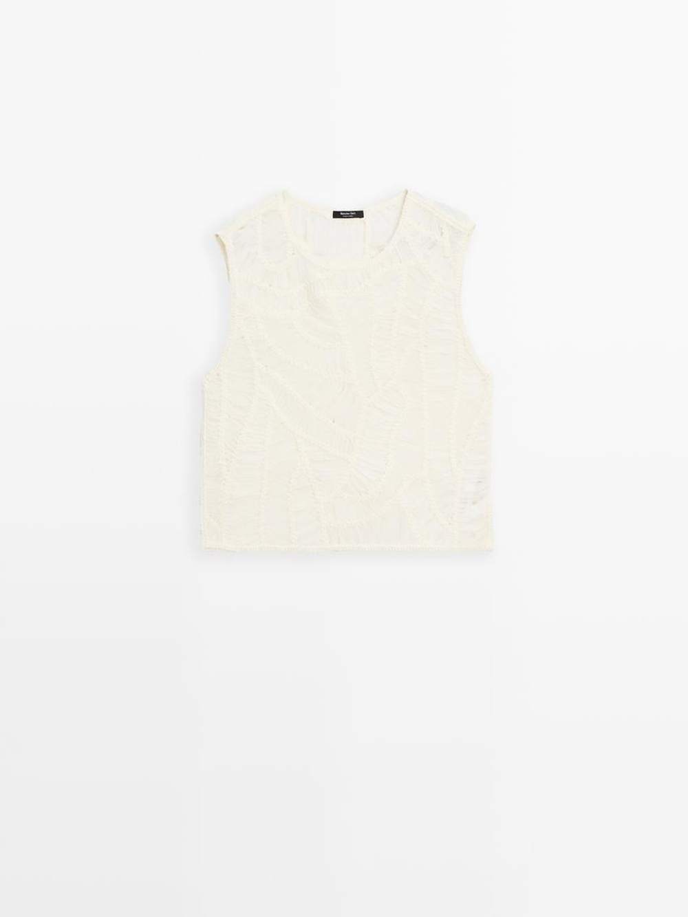 Massimo Dutti Топ из кружева кроше ажурной вязки с цветочным принтом, кремовый