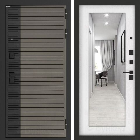 Входная металлическая дверь с зеркалом Бункер HIT Хит B-15 Веллюто кофе / зеркало ФЛЗ - 603 Белое дерево