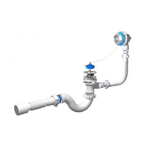 Сифон для ванн колено АНИ E155 1 1/2 выпуск нж D70, с переливом, с гибкой трубой 50