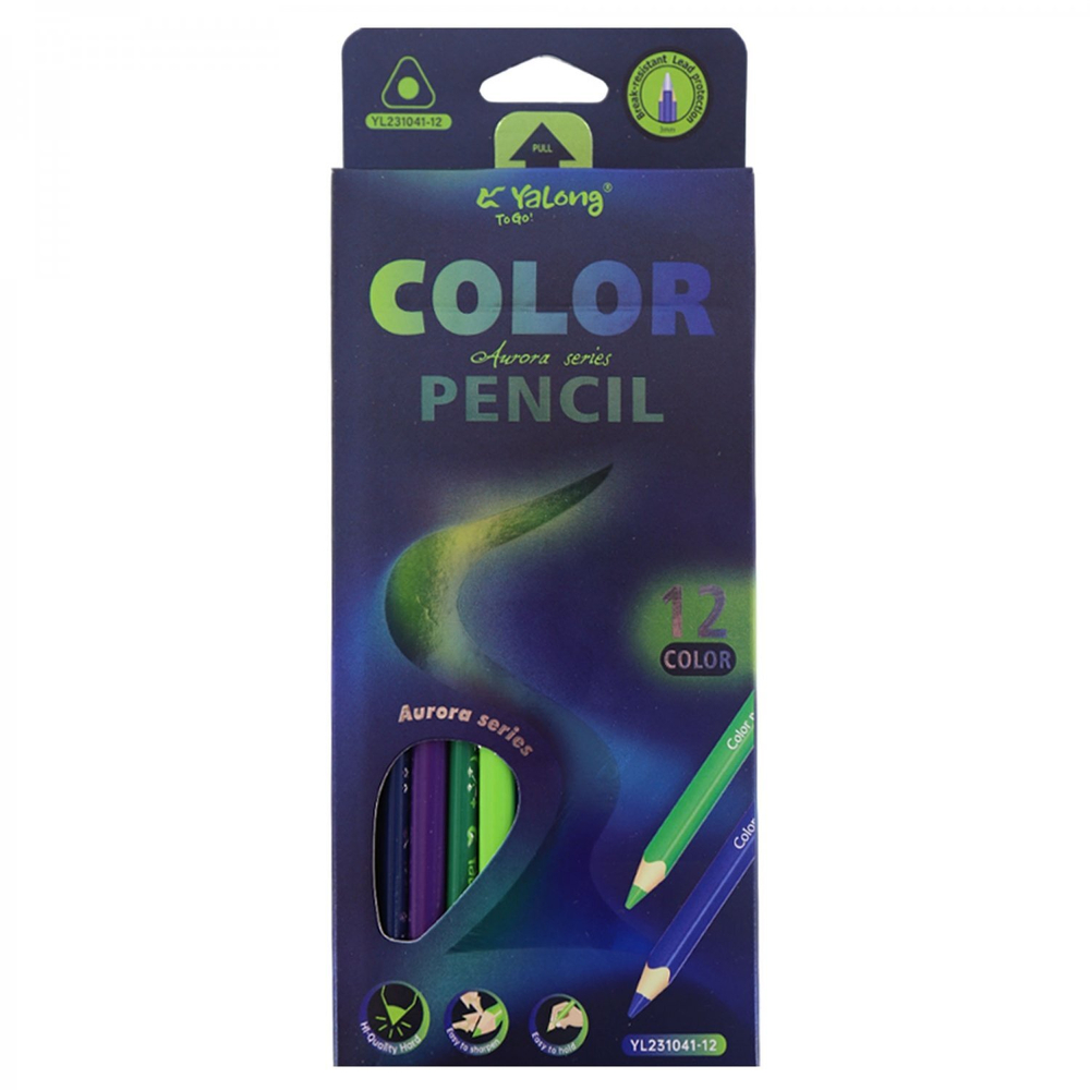 Карандаши цветные Yalong 12 цв., "Aurora series", деревянные, трехгранные, заточенные, грифель 3.0 мм, картон. уп., европодвес