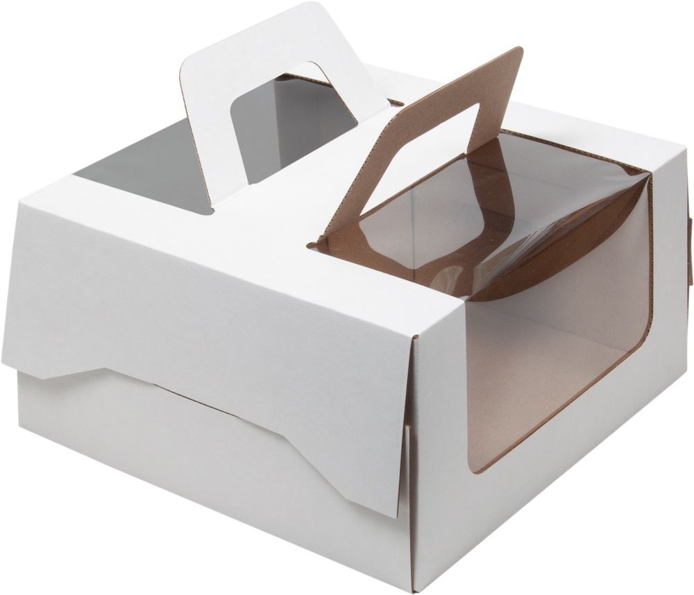 Коробка для торта с ручкой и окошком, 260*260*140 мм (белая)  гофрокартон
