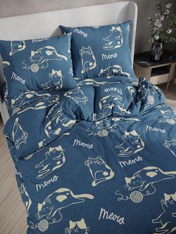 Постельное белье поплин Сказка "Meow" 1,5-сп Наволочка 50x70 см 1 шт Простынь на резинке 90x200 см Пододеяльник 145x215 см