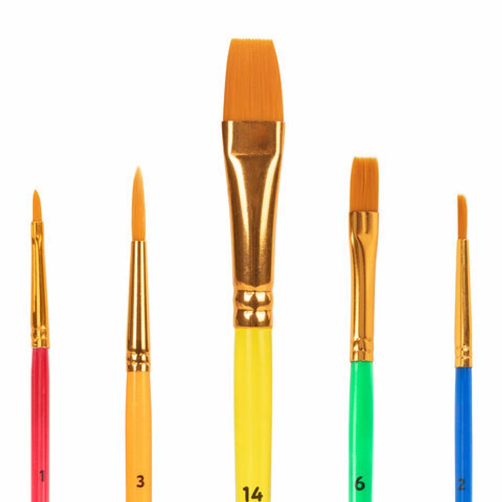 Кисти СИНТЕТИКА набор 5 шт. (круглая 3, плоская 2, 6, 14, овальная 1), блистер, ЮНЛАНДИЯ, 201069