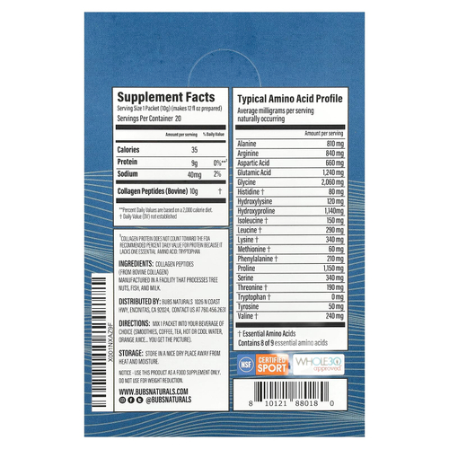 BUBS Naturals, Пептиды коллагена, без добавок, 20 пакетиков по 10 г (0,35 унции)