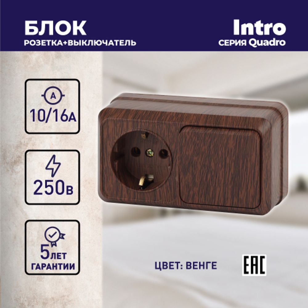 Блок розетка с выключателем Intro Quadro 2-701-10 горизонтальный 10А-250В, IP20, ОУ, венге