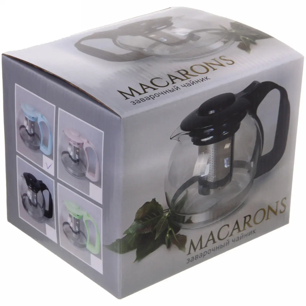 Чайник заварочный стеклянный 1200мл с металлическим ситом чёрный Селфи