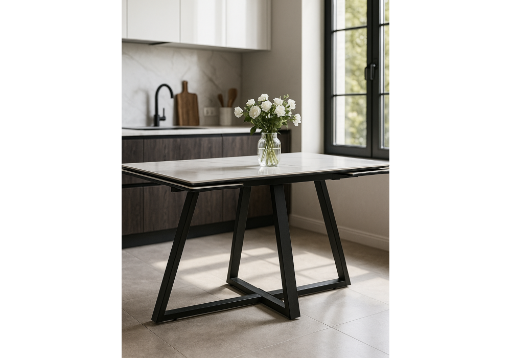 Керамический стол Woodville Памелла 140(200)х80х75 белый мрамор snow white, черный, ножки черные