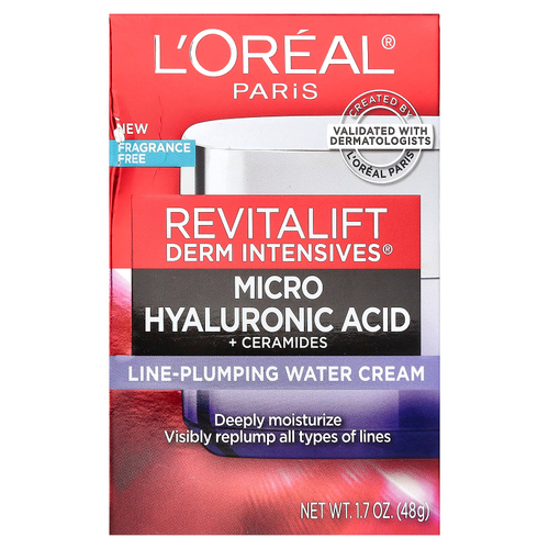 L'Oréal, микрогиалуроновая кислота с керамидами, водный крем для разглаживания морщин, 48 г (1,7 унции)