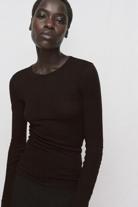 ZARA ФУТБОЛКА SUPIMA® С ДЛИННЫМИ РУКАВАМИ, ШОКОЛАДНЫЙ