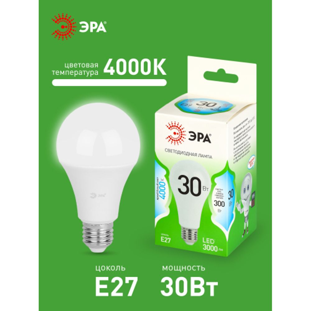 Лампа светодиодная ЭРА GREEN LINE LED A65-30W-840-E27 GL 30Вт груша яркий белый свет E27 | Лампы cветодиодные Груша (A)