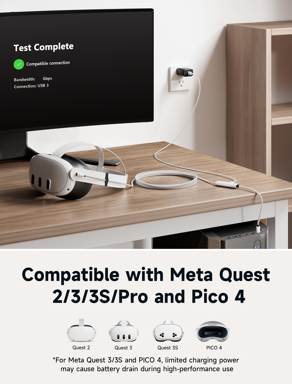 JSAUX USB 3.0 высокоскоростное зарядное устройство совместимо с Quest 2 1 Pro Pico 4, USB-C 2-в-1 кабель для Meta/Oculus Quest 2 аксессуары CD0044(A)
