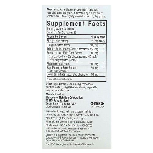 Bluebonnet Nutrition, Intimate Essentials, для него, повышение тестостерона и либидо, 60 вегетарианских капсул