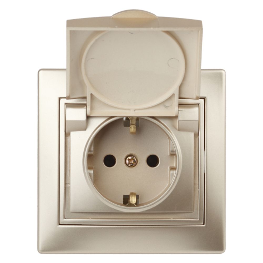Розетка Intro Plano 1-203-04 с заземлением 2P+E Schuko с крышкой 16А-250В IP20 СУ шампань