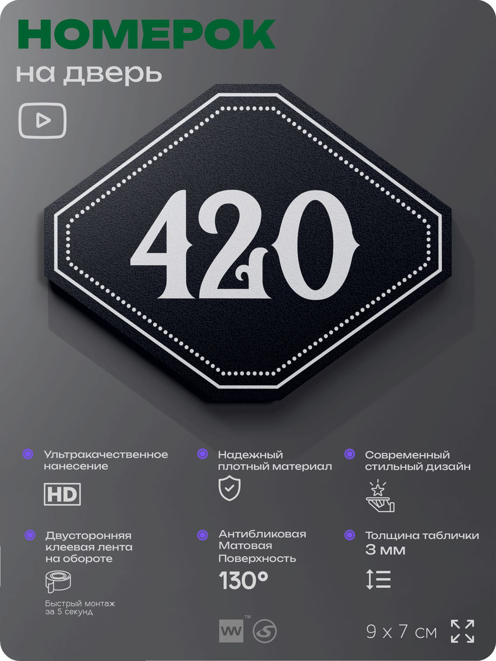 Номерок на дверь квартиры 420, для кабинета, офиса, шильдик 9 х 7 см, черный, Айдентика Технолоджи