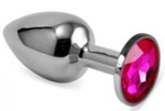 Серебристая гладкая анальная пробка с розовым кристаллом - 9,5 см. (Цвет: розовый)