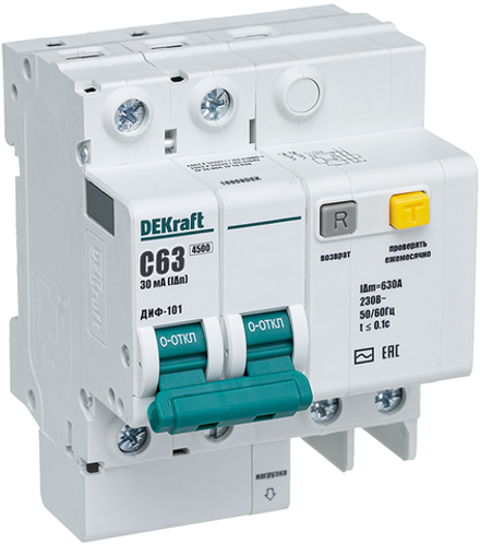 Выключатель автоматический дифференциального тока 2п C 60А 30мА тип AC 4.5кА ДИФ-101 6мод. DEKraft 15009DEK