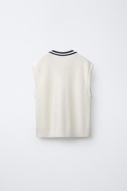ZARA КОНТРАСТНЫЙ ТРИКОТАЖНЫЙ ЖИЛЕТ, ЭКРЮ/ТЕМНО-СИНИЙ